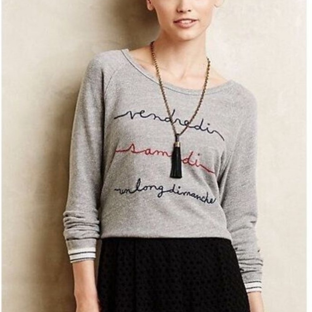 Anthropologie T.la Gray French Terry Sweater with Embroidered French Words.